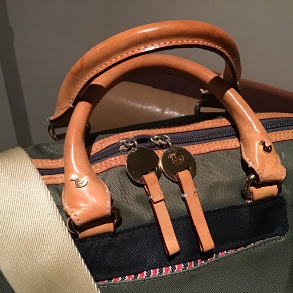 DANZO ‘RETRO KHAKI GREEN NYLON WITH BEIGE VACHETTA HANDLES & TRIMS  BABY BAG - Picture 2 of 16